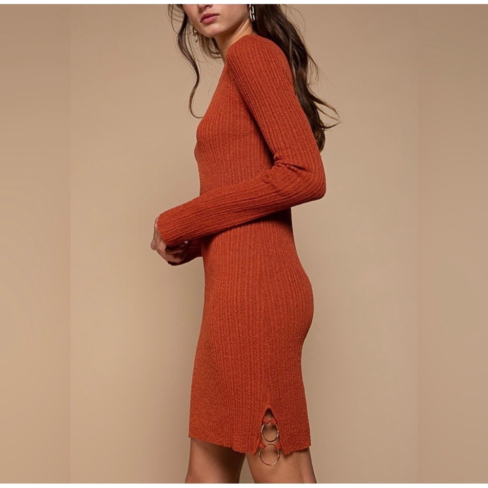 New-POL Ribbed Knit Long Sleeve Mini Dress Rust Orange Gold Ring Side Detail‎ S - Picture 2 of 8